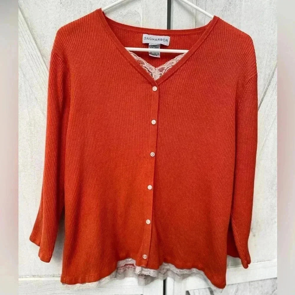 SAG HARBOR Lace Pullover Y2K Sweater Women’s XL Orange Coquette Fairycore